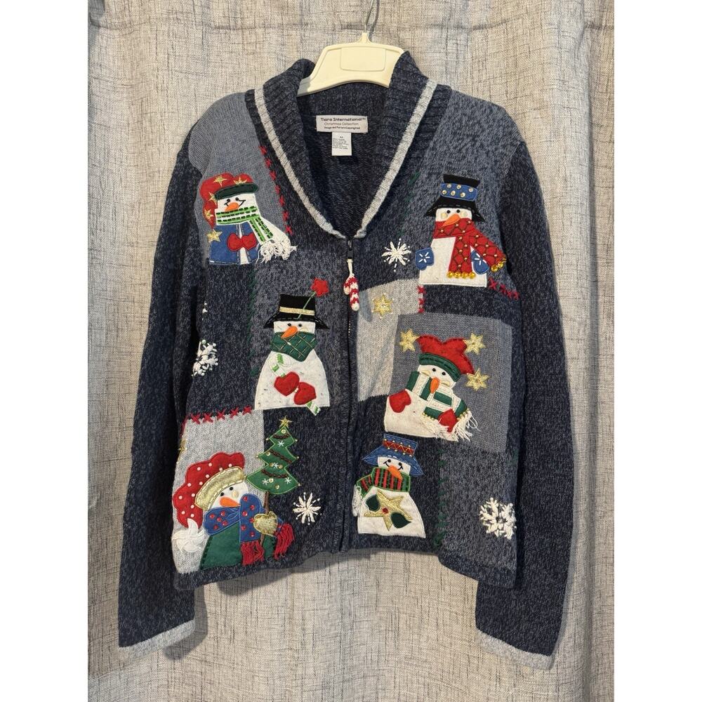 Vintage Tiara International Christmas Sweater Medium Zip Grandmacore Snowmen